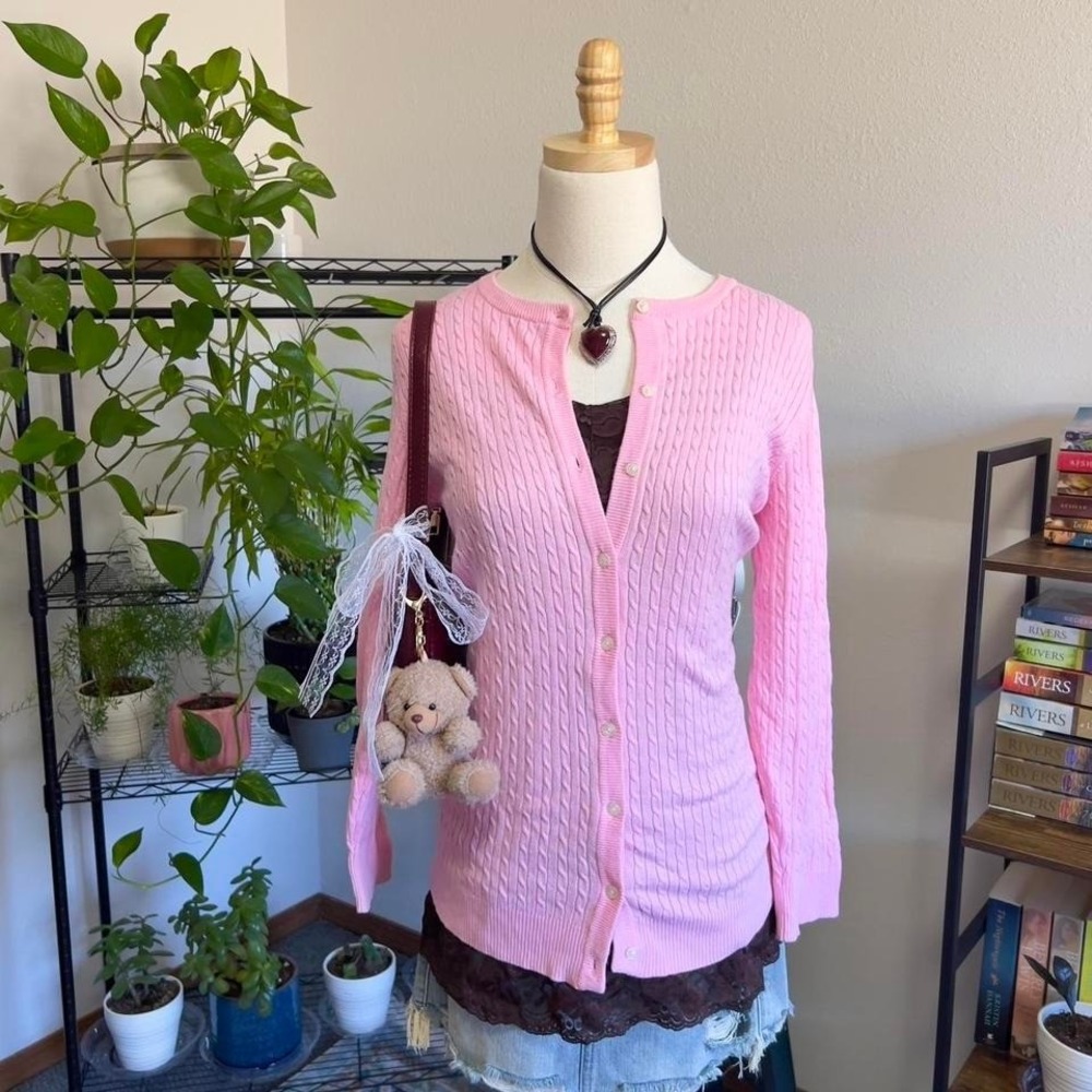 Lilly Pulitzer Pink Button Up Cardigan Sweater Women S Slouchy Comfy Cable Knit